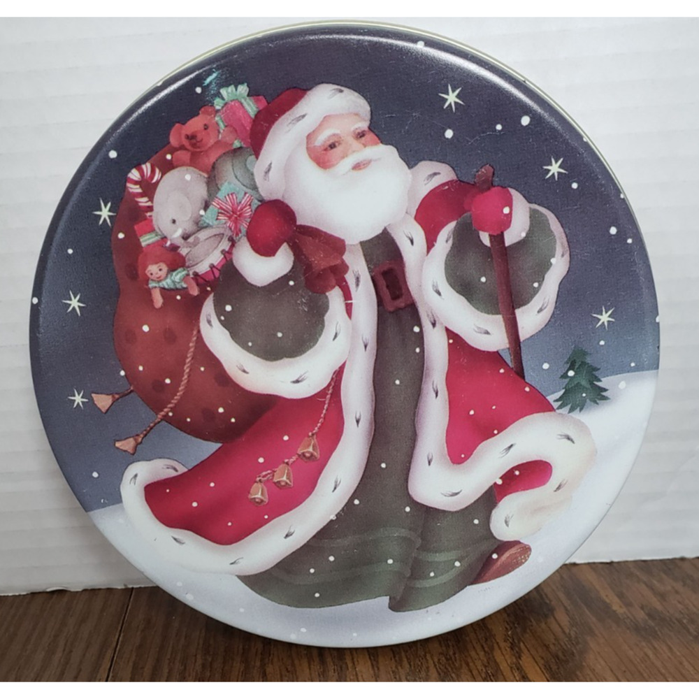 Santa Claus Lithograph 6 Inch Wide Round Red and White Metal Storage Tin
